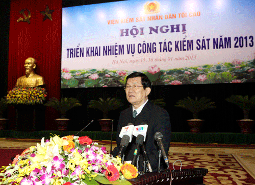 Đ/c Trương Tấn Sang, Ủy viên Bộ Chính trị, Chủ tịch nước CHXHCN Việt Nam, Trưởng ban Chỉ đạo cải cách tư pháp Trung ương phát biểu chỉ đạo Abc8 hiện đang mở