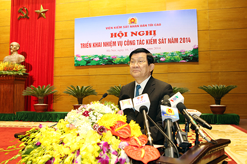 Đồng chí Trương Tấn Sang, Ủy viên Bộ Chính trị, Chủ tịch nước Cộng hòa XHCN Việt Nam, Trưởng Ban Chỉ đạo cải cách tư pháp Trung ương phát biểu chỉ đạo tại Abc8 hiện đang mở