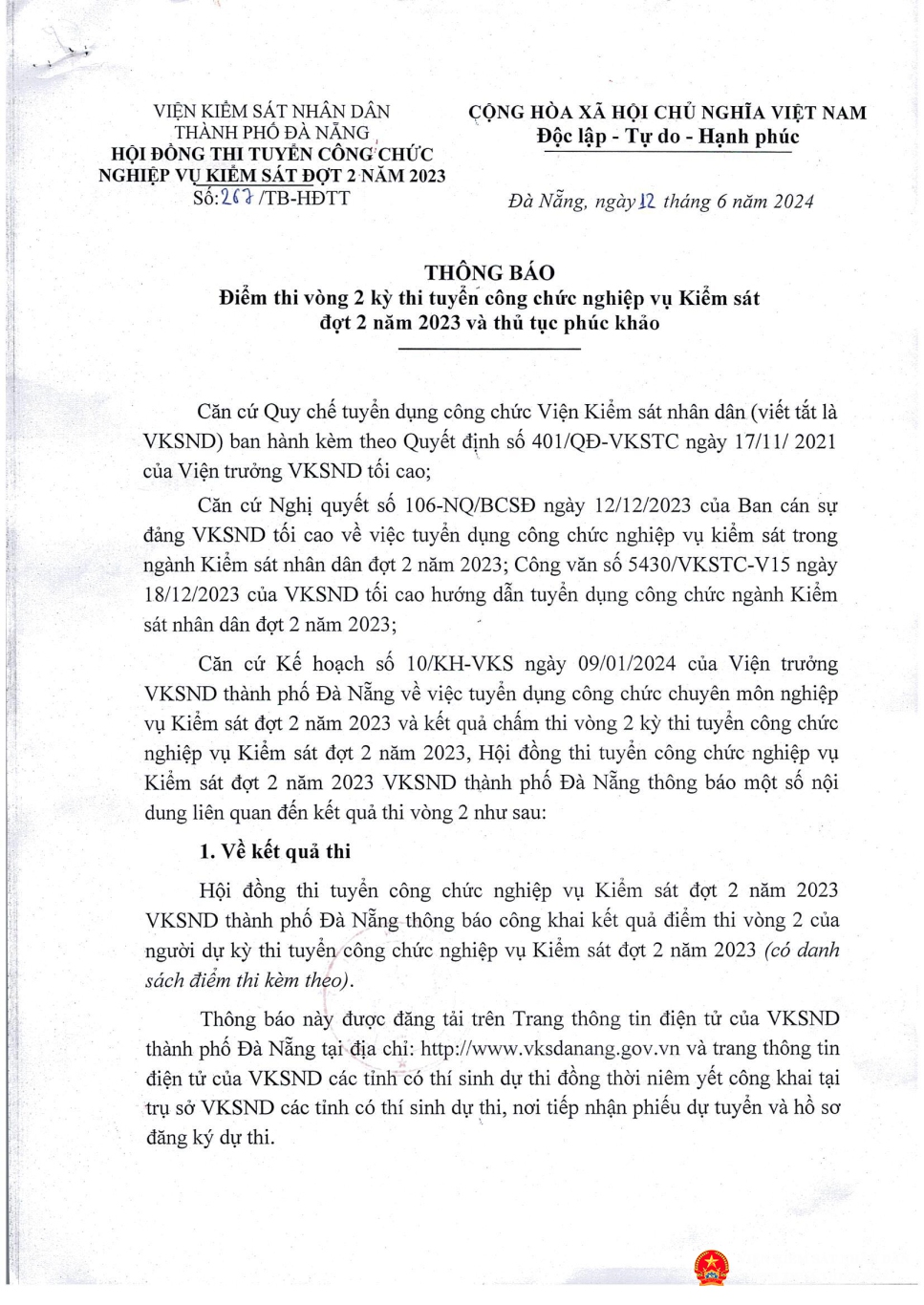 thong bao ket qua diem thi vong 2 va thu tuc phuc khao page 1